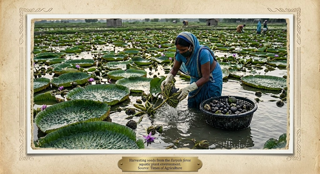 A woman harvesting Euryale ferox seeds from a shallow makhana pond in Bihar